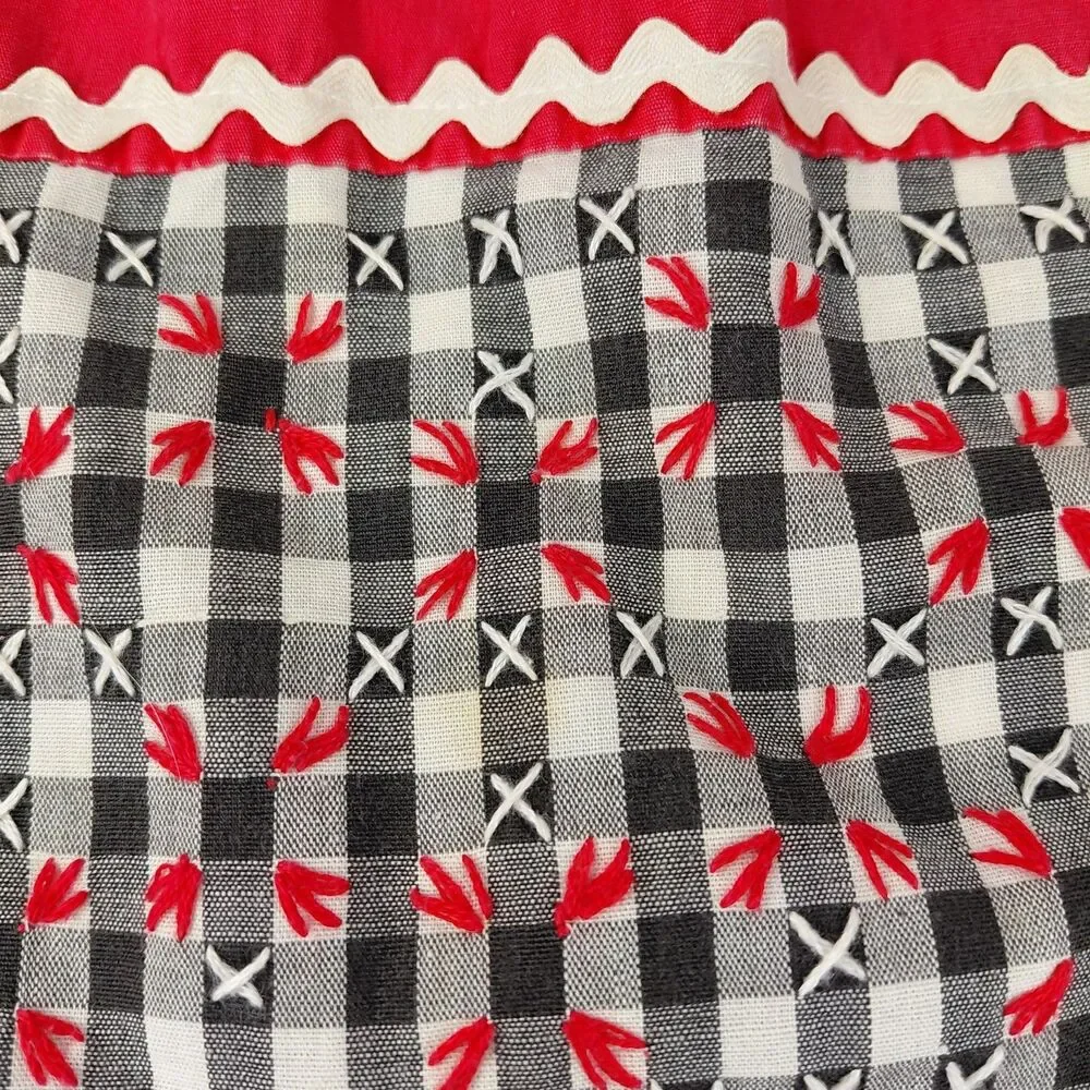Handmade Half Apron Vt 50/60's Cotton Red White Black Embroidered Fabric